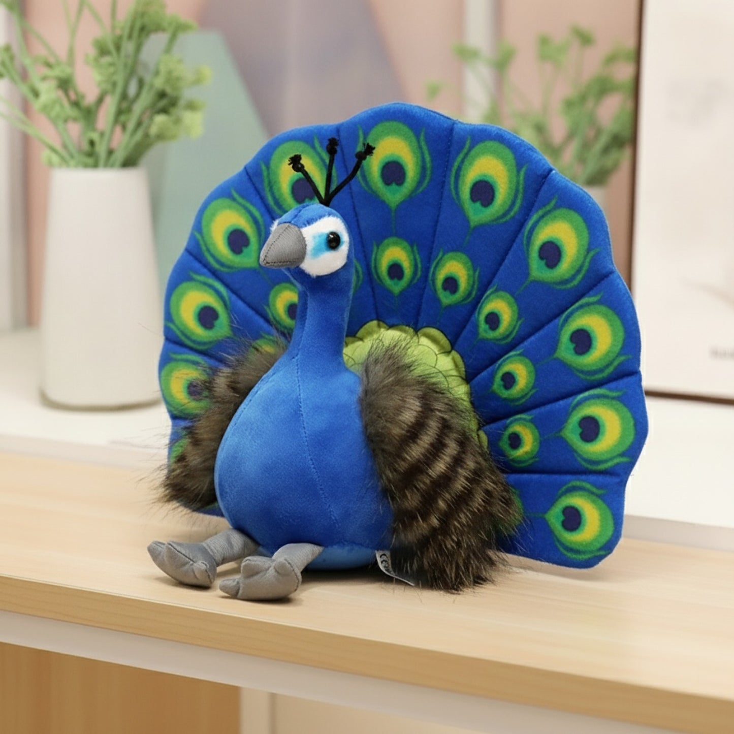 Peluche Paon Créatif - Jouet Doux avec Queue Éventail, 25cm, Bleu