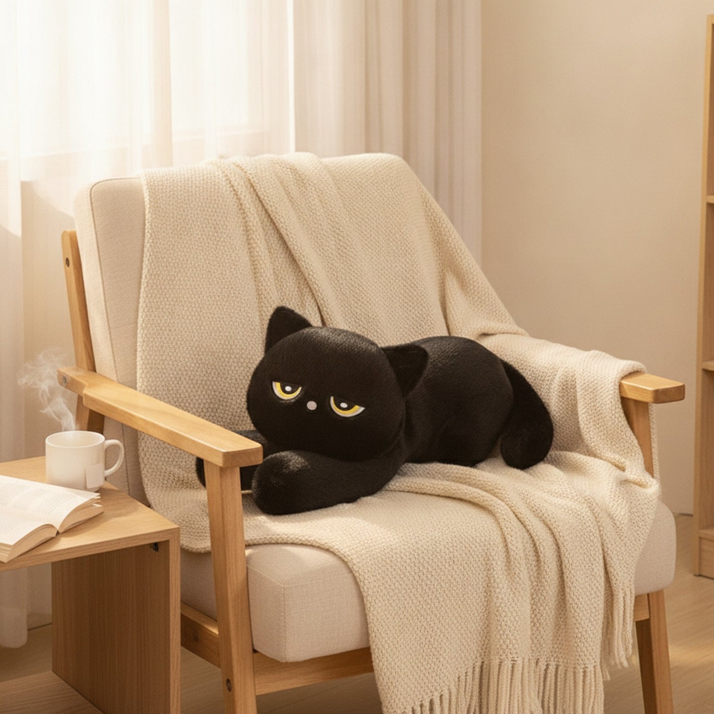 Oreiller Peluche Chat Noir 120cm - Coussin Doux Design Chat Endormi