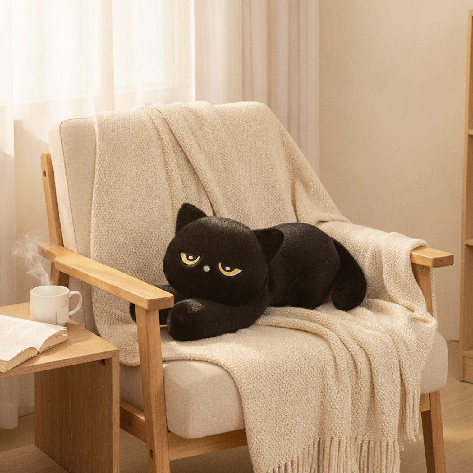 Oreiller Peluche Chat Noir 120cm - Coussin Doux Design Chat Endormi
