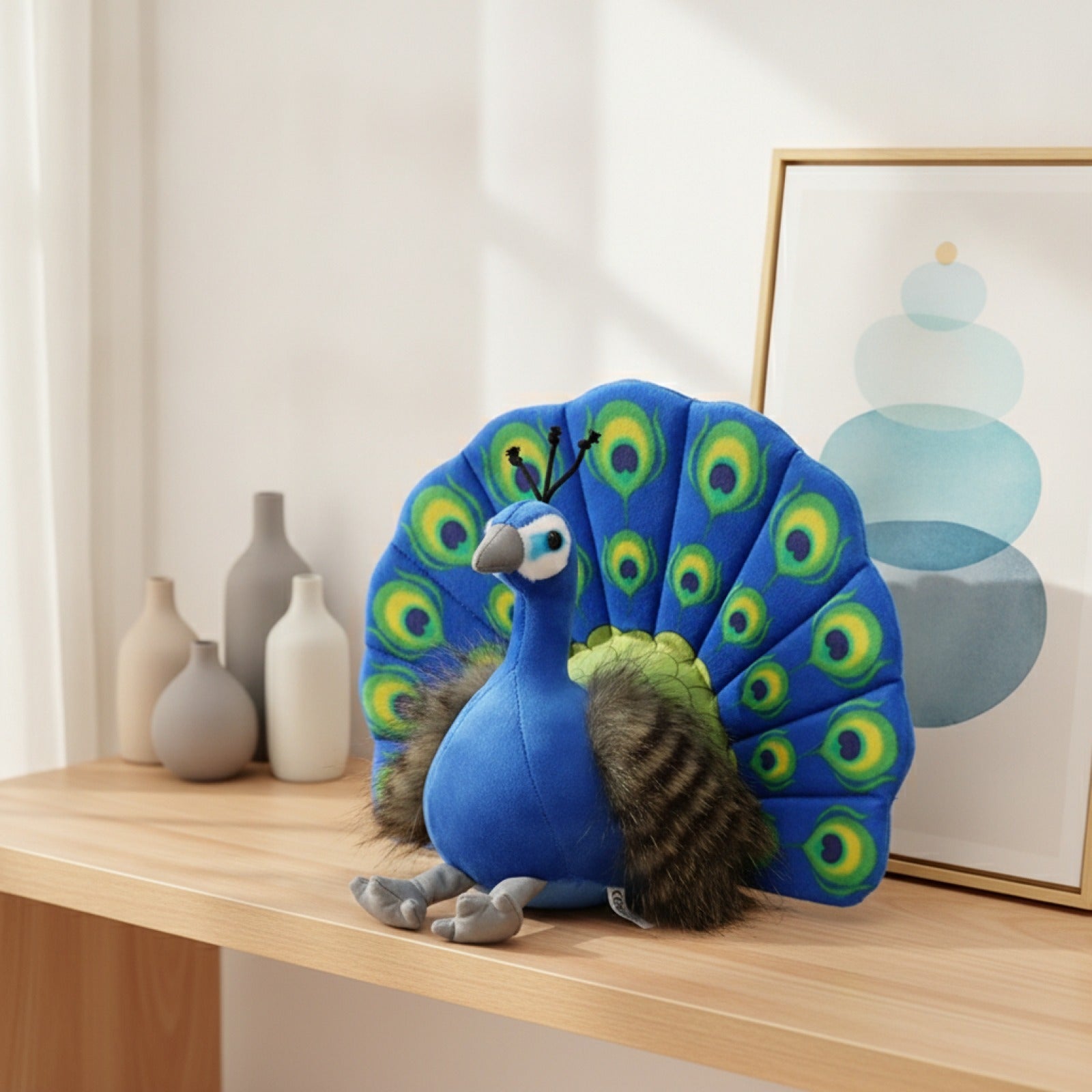 Peluche Paon Créatif - Jouet Doux avec Queue Éventail, 25cm, Bleu